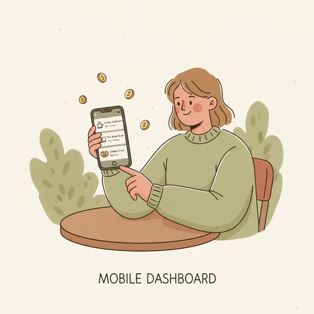 Person viewing a mobile wallet app showing token balances from multiple local shops