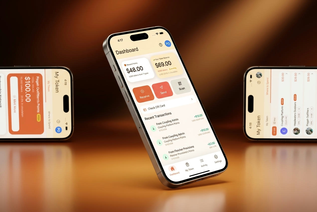 Coupling app mockup showing dashboard and token screens on multiple phones