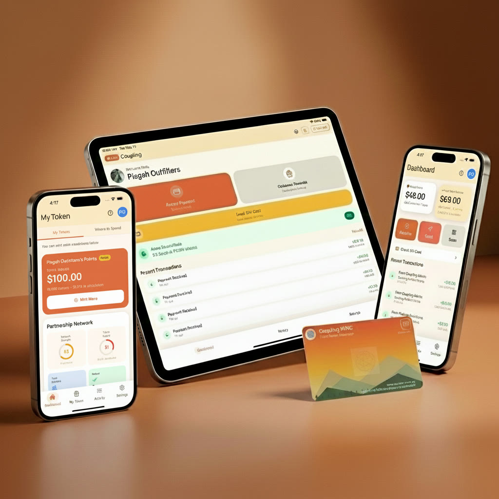 Coupling hero scene showing the merchant network tablet, mobile wallet screens, and physical gift card