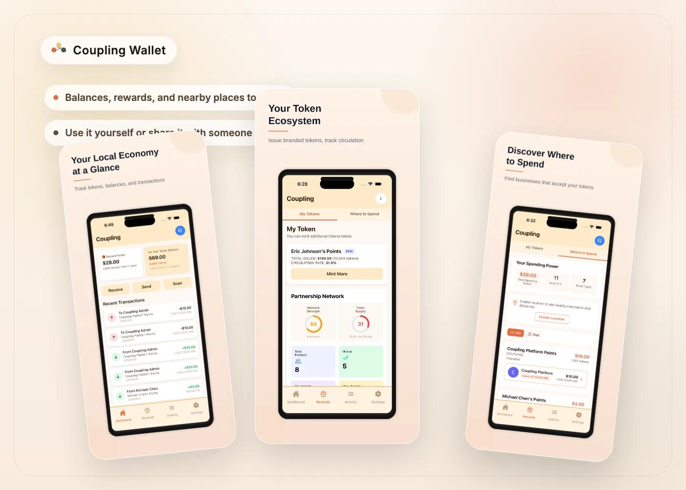 Coupling mobile wallet product shot showing balances, token ecosystems, and nearby places to spend