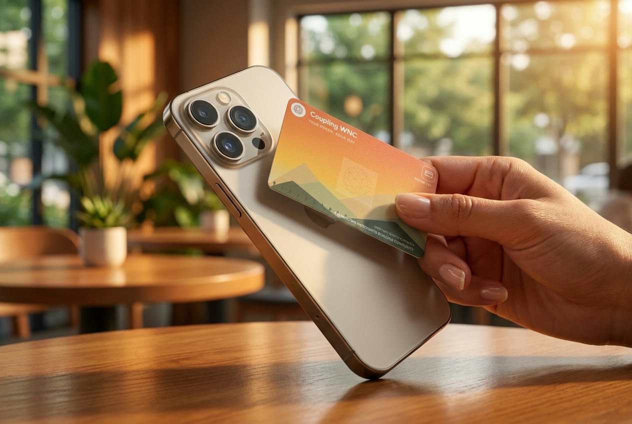 Coupling WNC gift card held beside a phone in a warm storefront-style product mockup