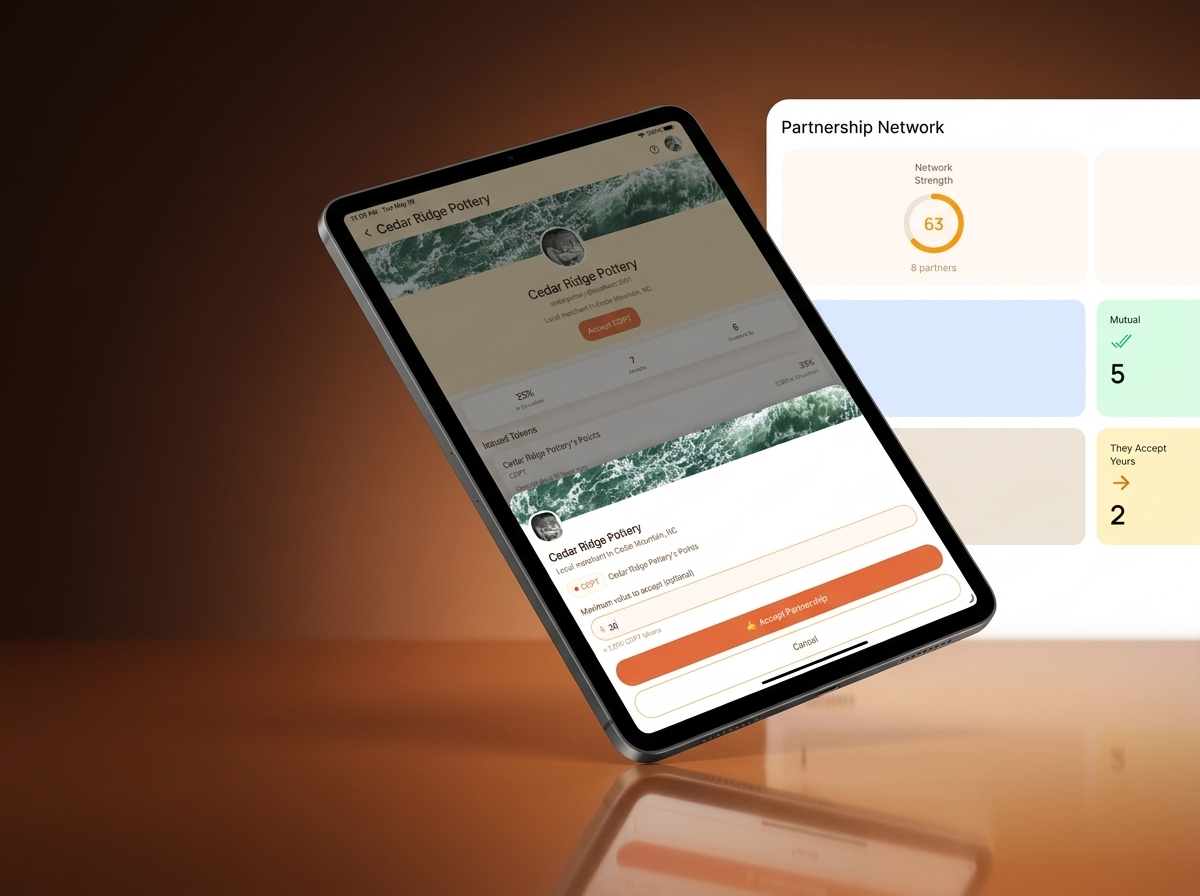 Tilted iPad product scene showing a merchant partnership profile and supporting partnership network tiles