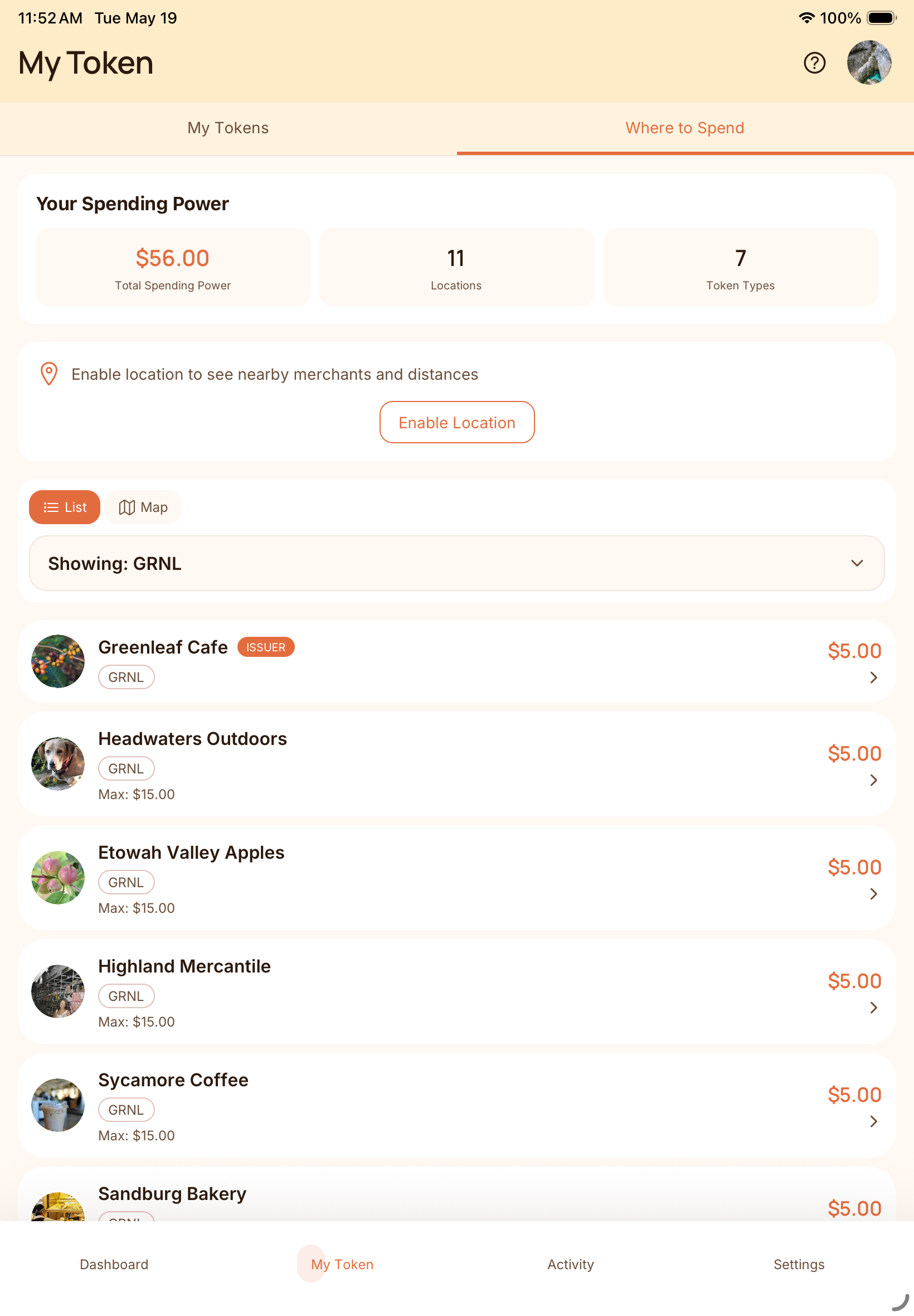 Where to spend view filtered to a partner token across multiple nearby merchants
