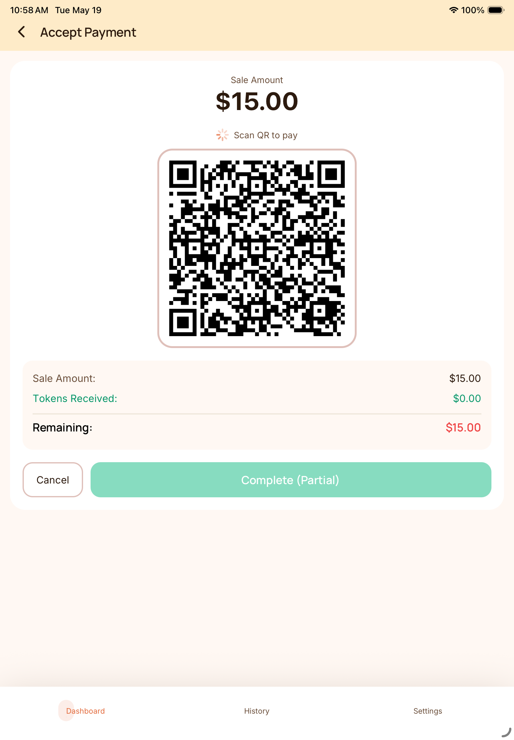 Coupling POS showing a generated QR code for a token-aware payment