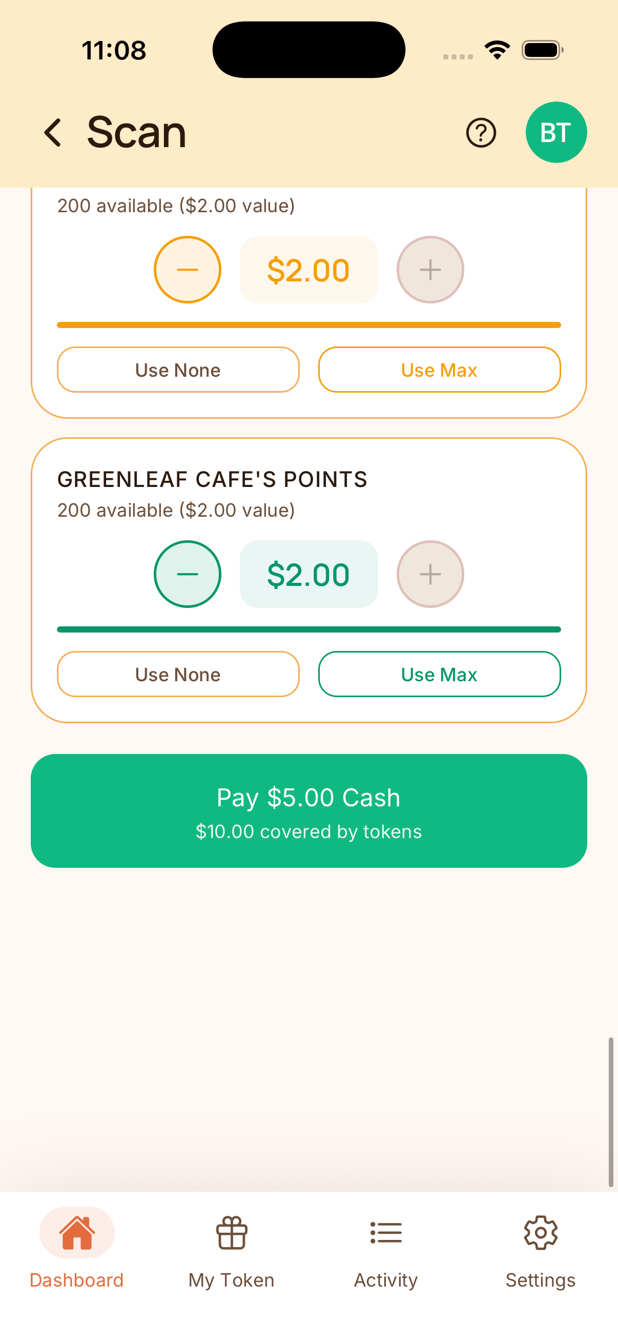 Customer wallet showing pay button with token value covering part of the sale