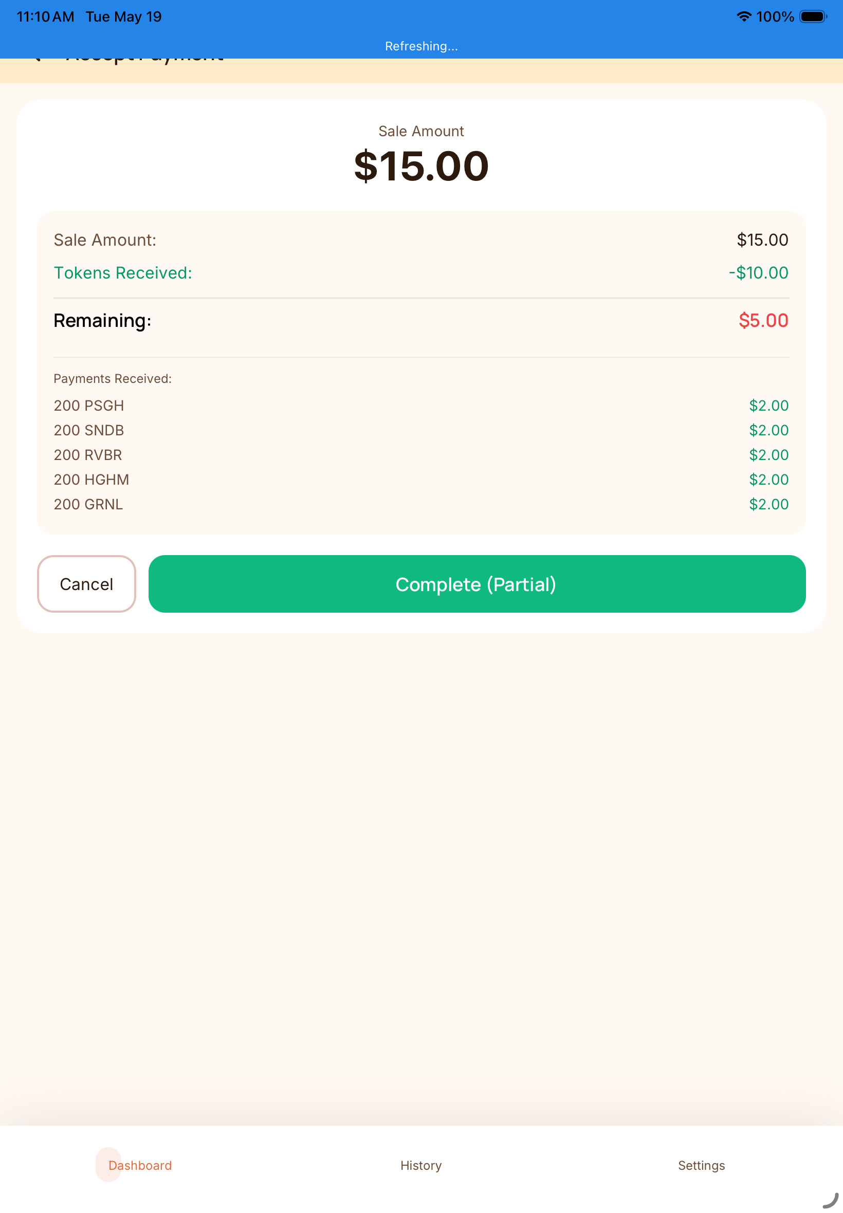 POS payment summary showing tokens received and remaining cash on a partial sale