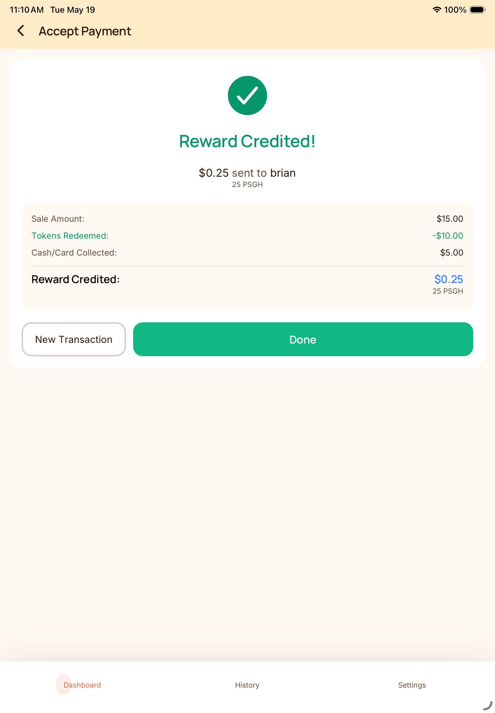 Reward credited screen showing loyalty tokens issued after the merchant completes a partial payment