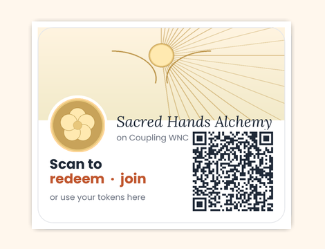 Sacred Hands Alchemy branded Coupling sticker showing in-store reward and gift-card proof